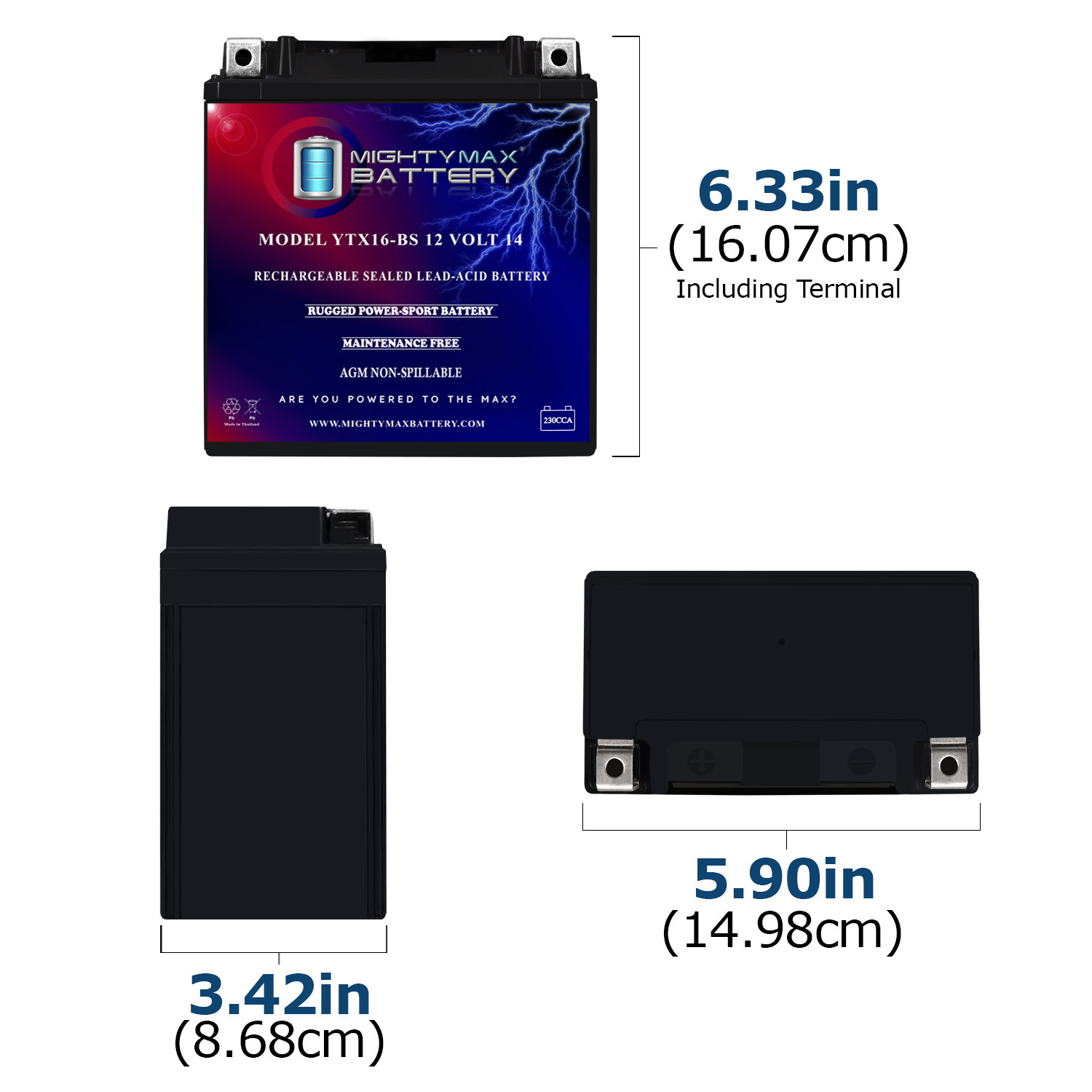 Mighty Max YTX16-BS ATV Battery for SUZUKI LT-A700X King Quad 700CC 05-'07 - Picture 2 of 6