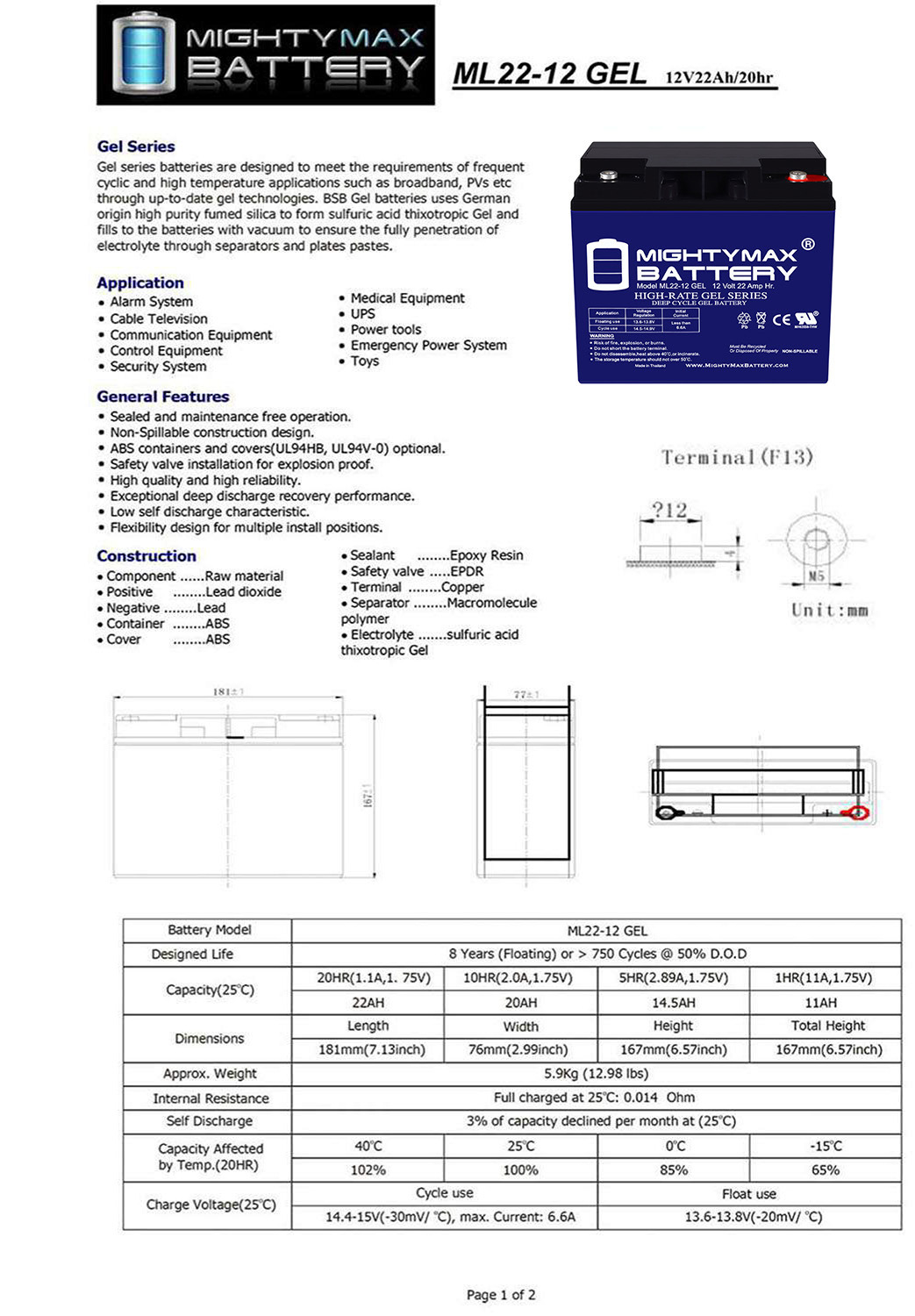 Mighty Max 12V 22AH GEL Battery Replaces 51814 6fm17 6-dzm-20 6-fm-18 lcx1220p - Picture 6 of 6